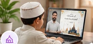 A child at a desk with Islamic studies books.