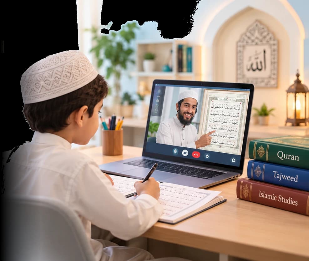 A child reading the Quran during an online lesson