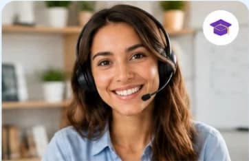 Ayesha R., wearing a headset, smiling at the camera