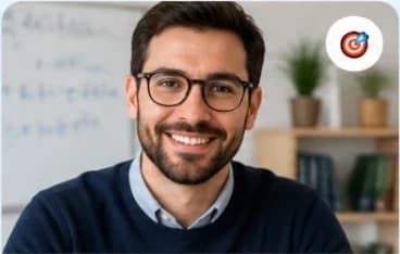 Daniel M., in glasses, in front of a whiteboard