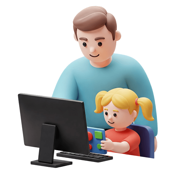 A parent sitting with their child at a computer, both looking at the screen