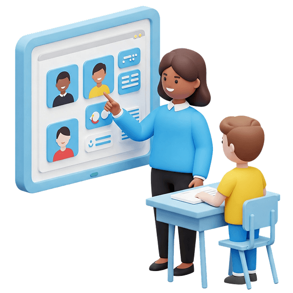 A teacher at a screen explaining to one child at a desk