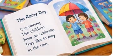 An open picture book, with a story and an illustration