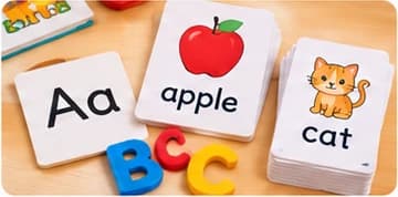 Alphabet flashcards on a desk — Aa, an apple and a cat