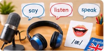 A microphone and headphones beside speech bubbles reading say, listen and speak