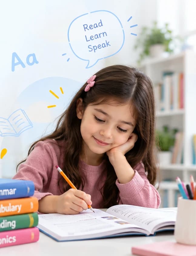 A girl writing in an exercise book at her desk, beside books labelled Grammar, Vocabulary, Reading and Phonics