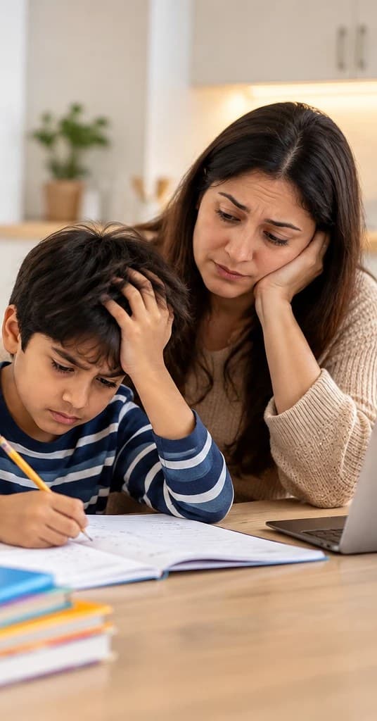 A mother sitting with her son at the kitchen table while he works through maths homework