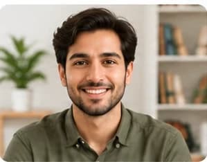 Karan Sir, smiling, a bookshelf behind him